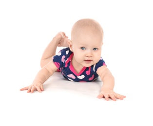 Cute little baby on white background. Tummy and crawling time