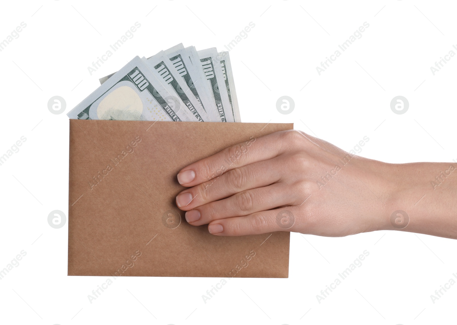 Photo of Money exchange. Woman holding envelope with dollar banknotes on white background, closeup