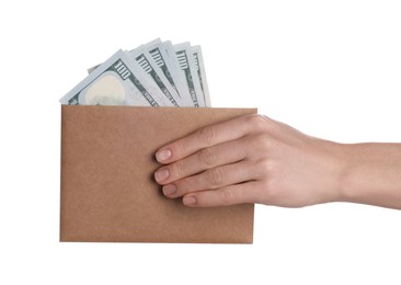 Photo of Money exchange. Woman holding envelope with dollar banknotes on white background, closeup