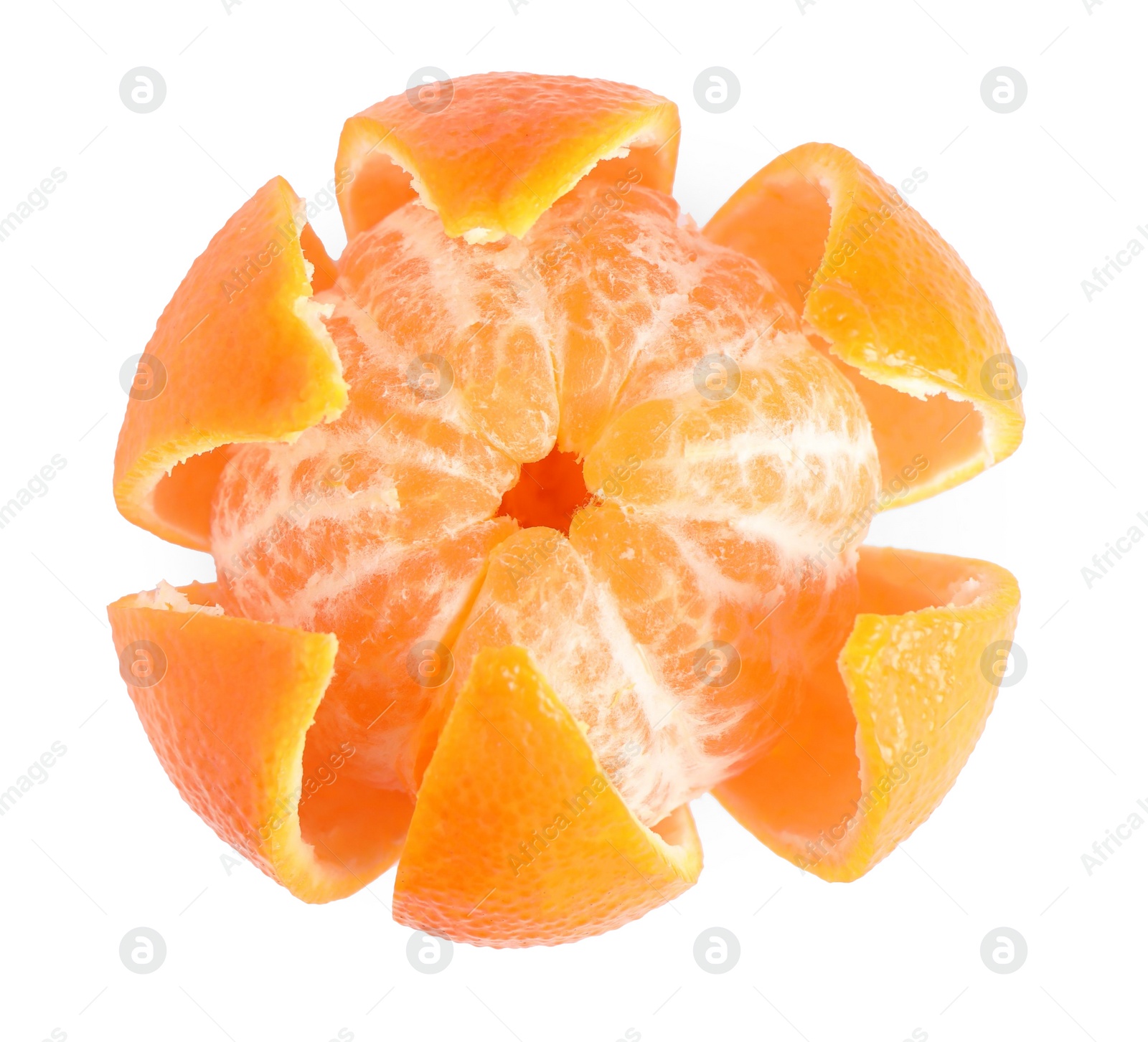 Photo of One fresh ripe tangerine isolated on white, top view