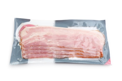 Fresh raw bacon in package on white background, top view