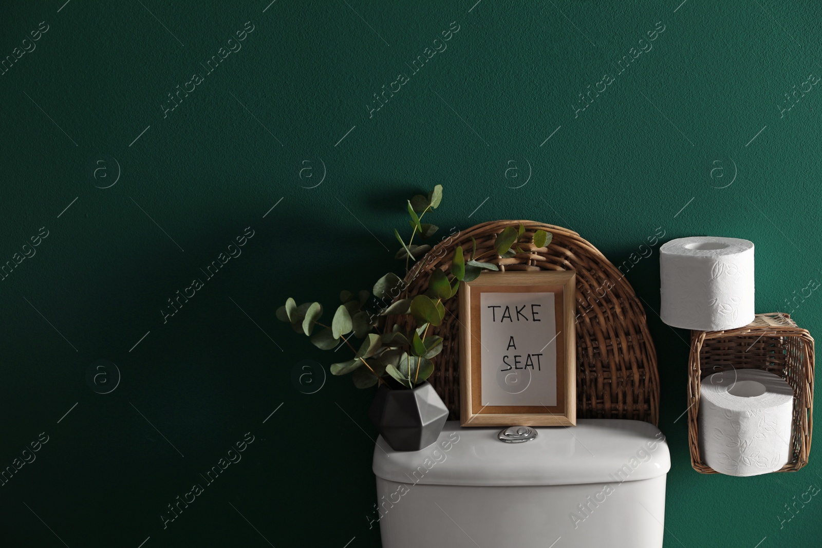 Photo of Decor elements, paper rolls and toilet bowl near green wall, space for text. Bathroom interior