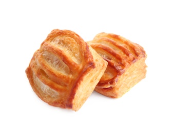 Fresh tasty puff pastry on white background