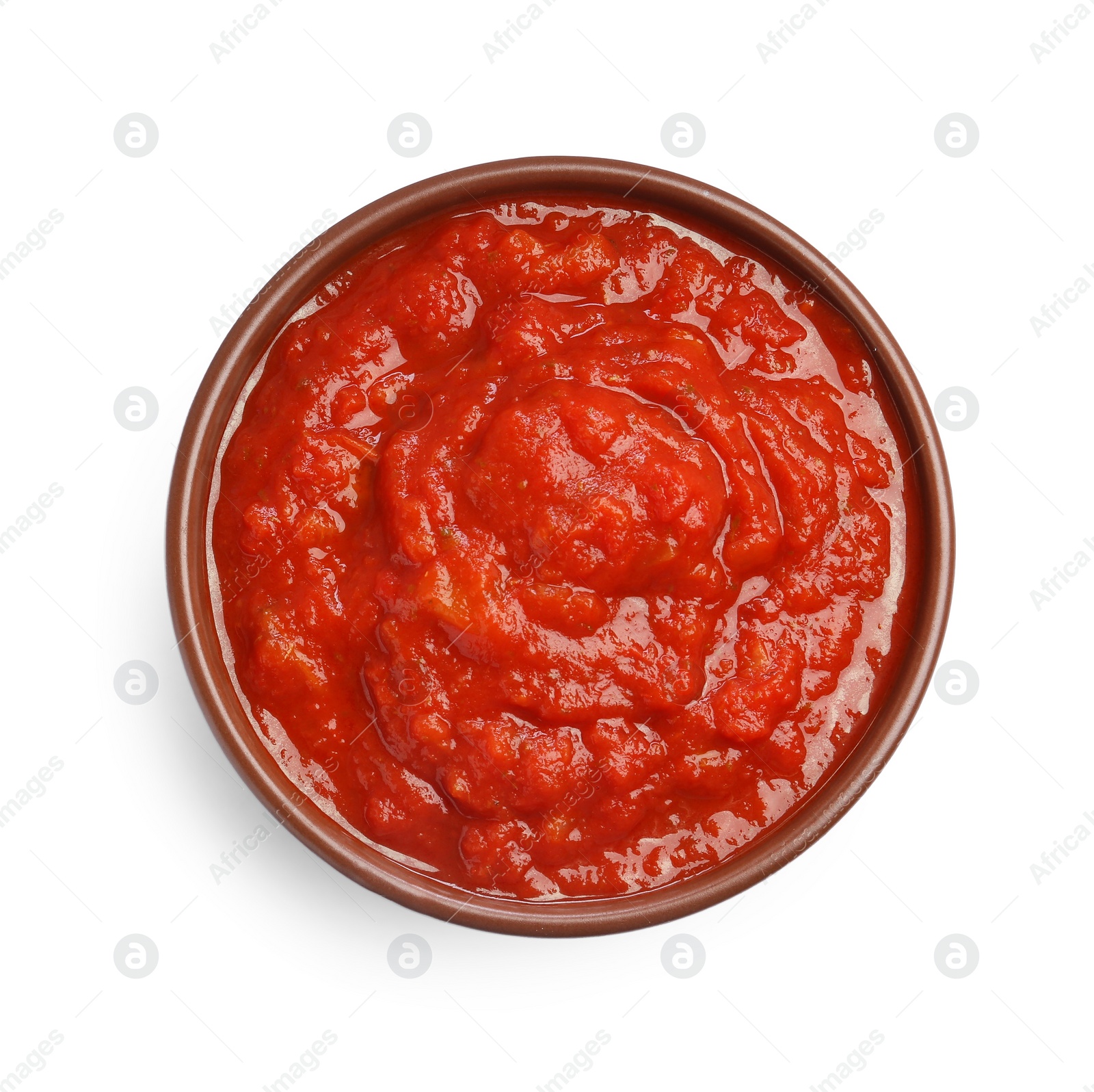 Photo of Homemade tomato sauce in bowl isolated on white, top view