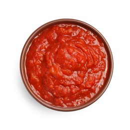 Photo of Homemade tomato sauce in bowl isolated on white, top view