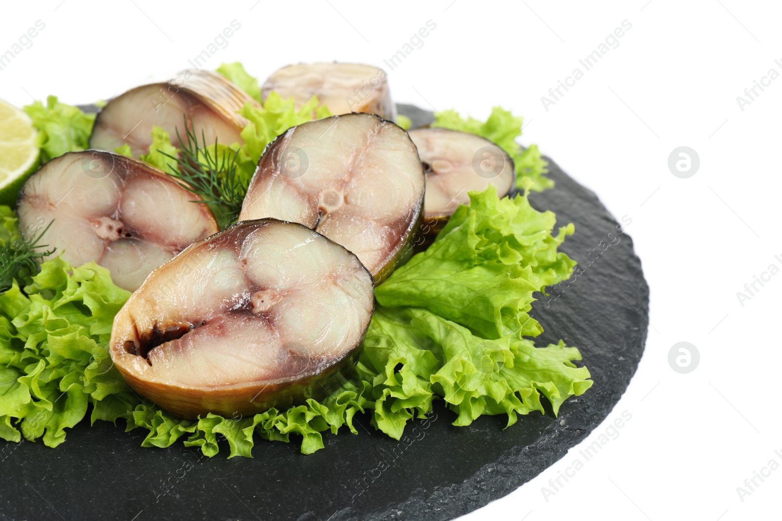 Photo of Slate plate with tasty smoked fish isolated on white, closeup