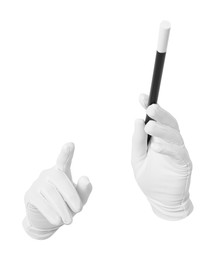 Photo of Magician with magic wand on white background, closeup
