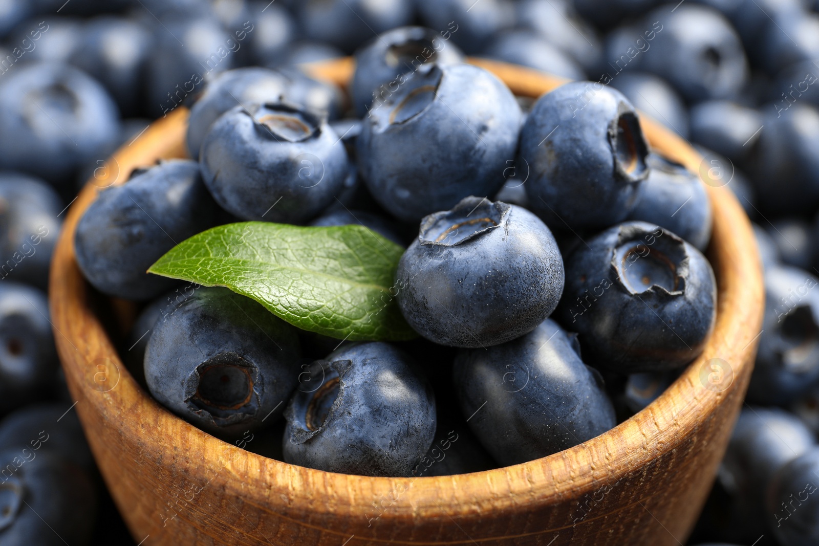 Photo of Tasty fresh blueberries and bowl, closeup view