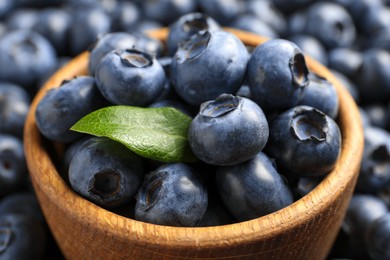 Tasty fresh blueberries and bowl, closeup view