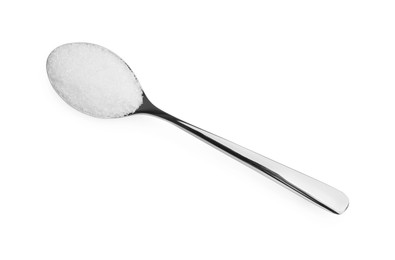 Spoon with granulated sugar isolated on white, top view
