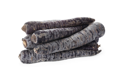 Photo of Fresh raw black carrots isolated on white