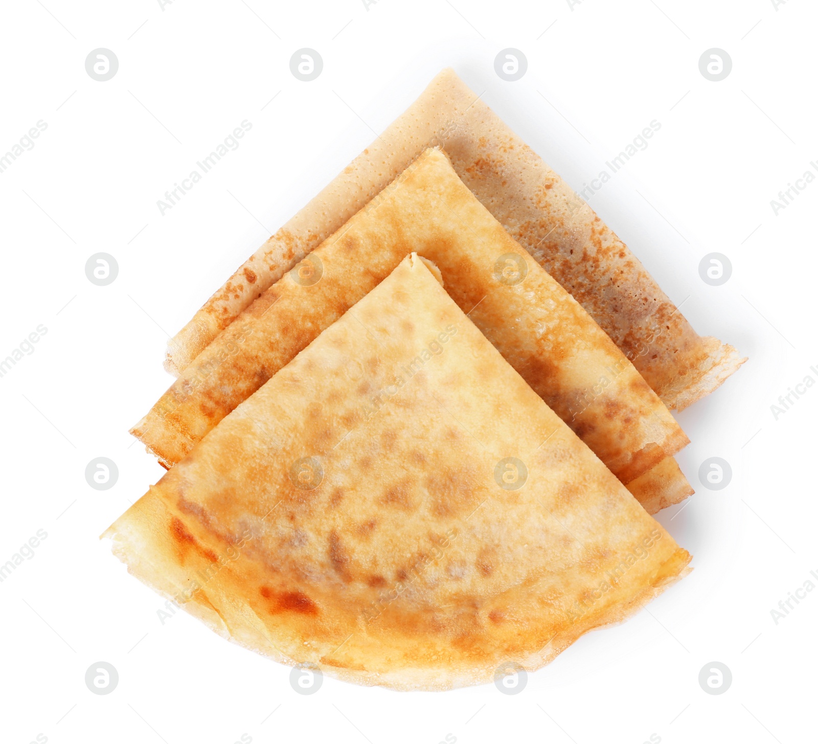 Photo of Tasty thin folded pancakes on white background, top view