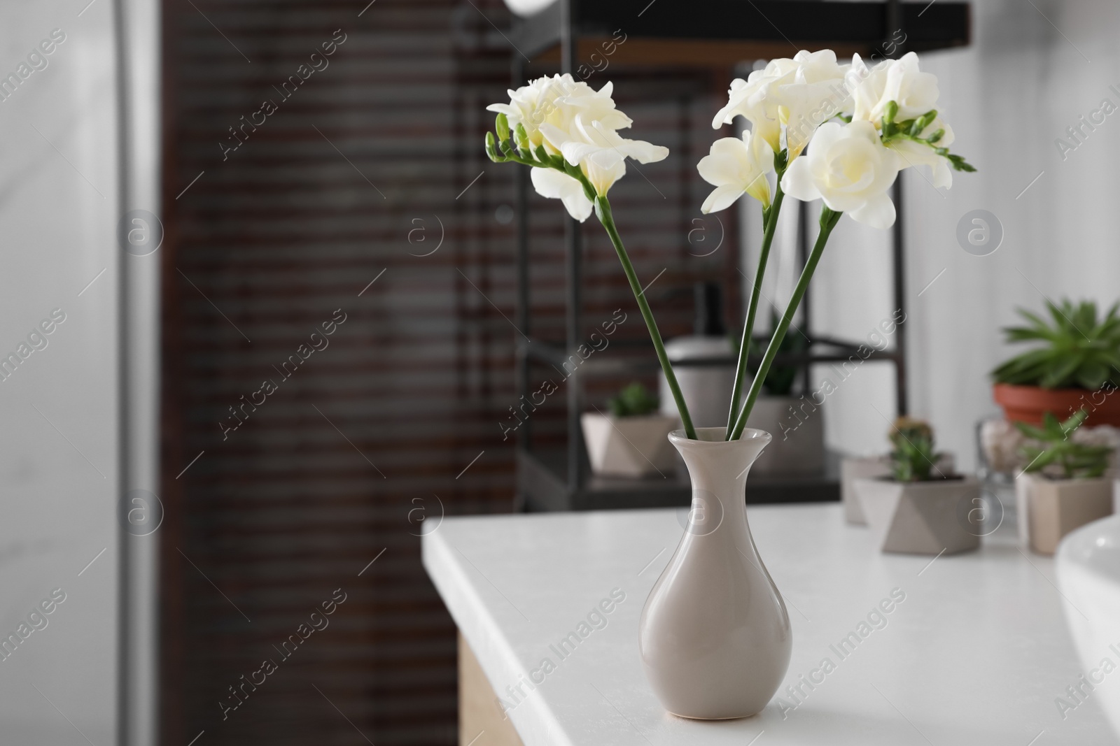 Photo of Beautiful white freesia flowers in vase on table indoors