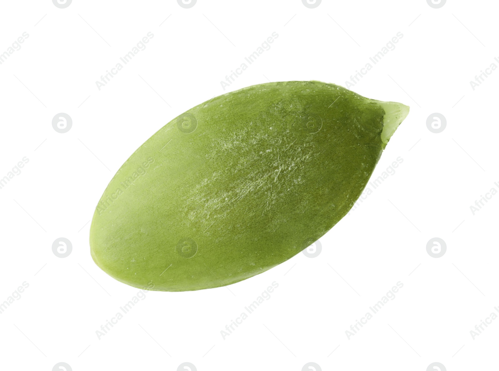 Photo of One peeled pumpkin seed isolated on white, top view