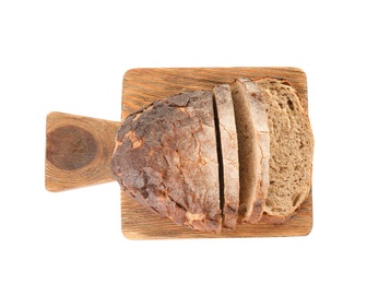 Photo of Wooden board with tasty bread on white background, top view