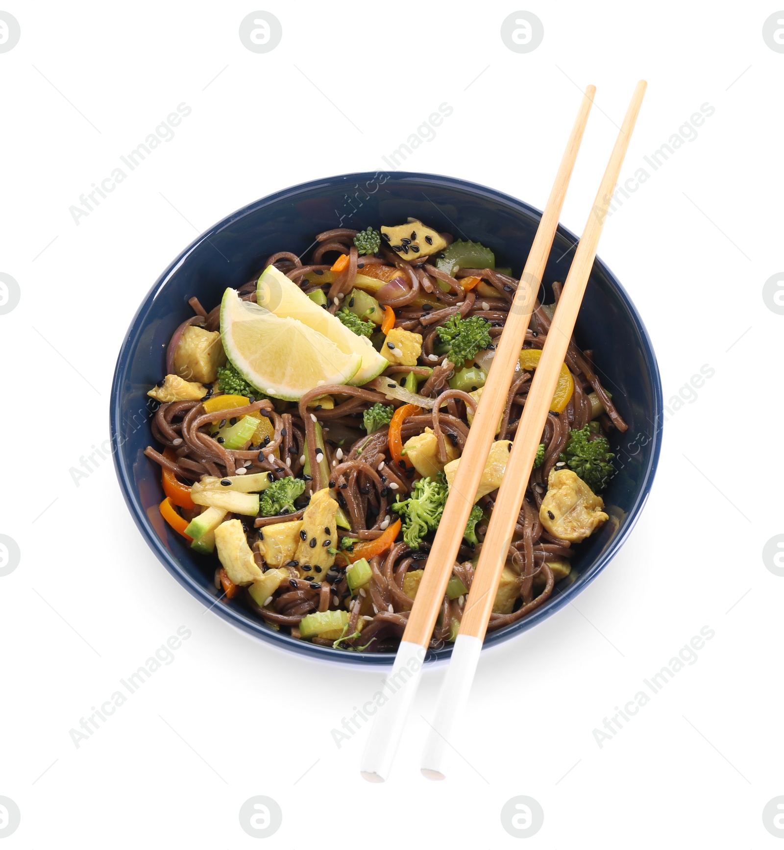 Photo of Stir-fry. Delicious cooked noodles with chicken and vegetables in bowl isolated on white, top view