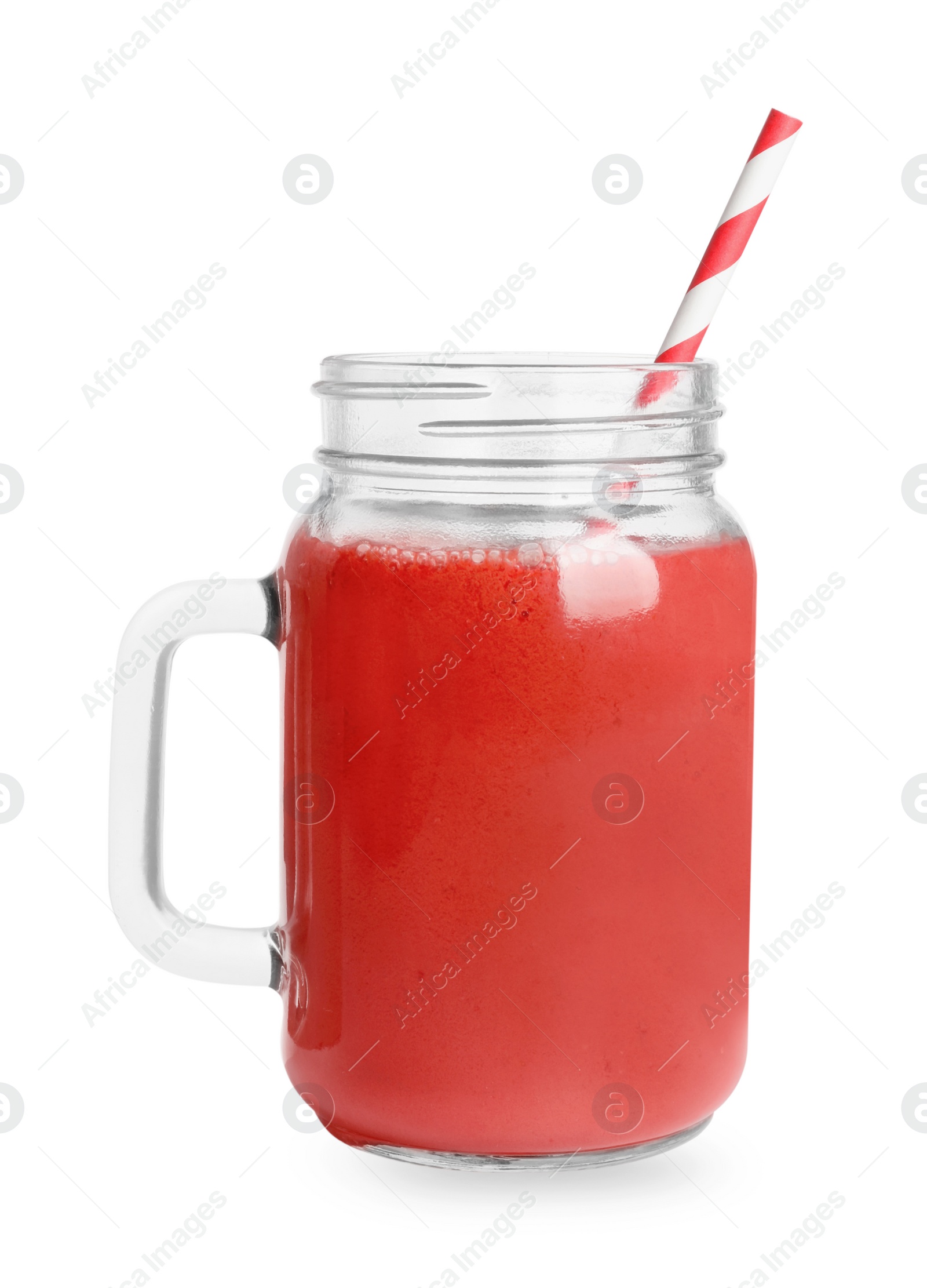 Photo of Mason jar of tasty strawberry smoothie on white background