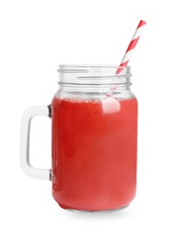 Photo of Mason jar of tasty strawberry smoothie on white background