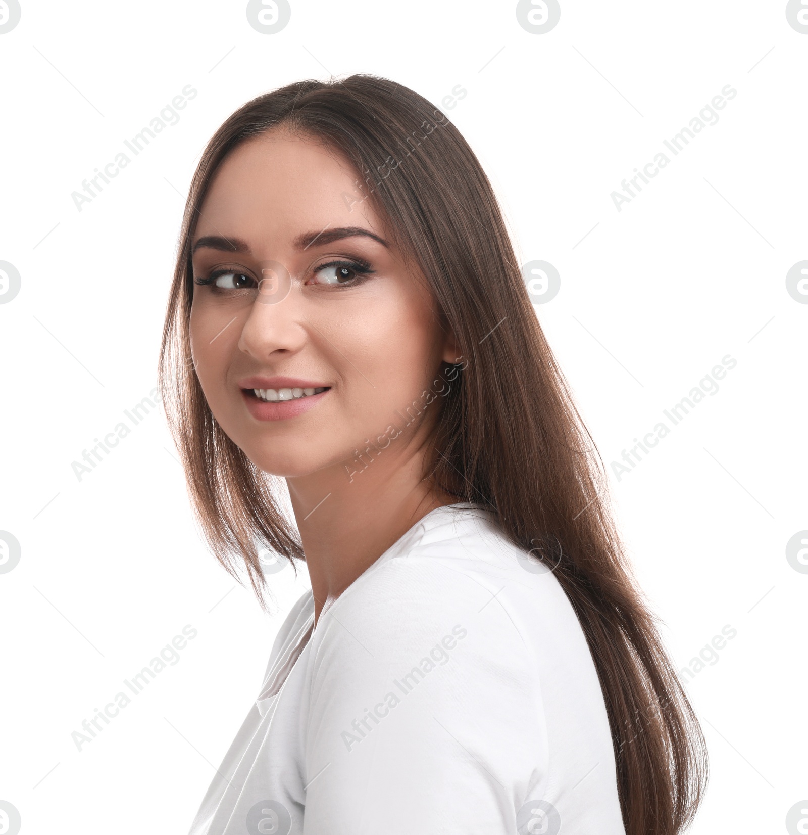 Photo of Beautiful young woman in casual outfit on white background