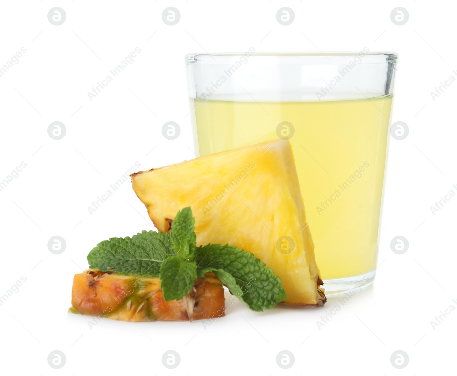 Photo of Delicious pineapple juice with fresh fruit and mint isolated on white