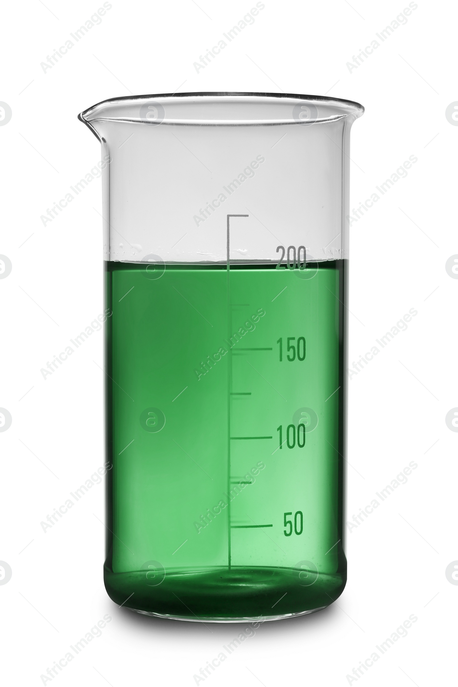 Image of Beaker with green liquid isolated on white. Laboratory glassware