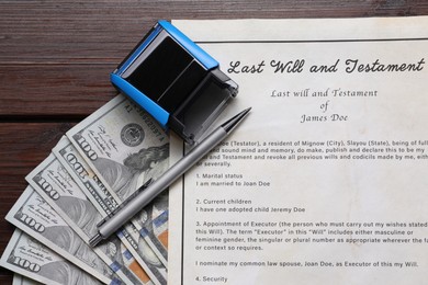 Photo of Last Will and Testament, stamp, dollar bills and pen on wooden table, flat lay