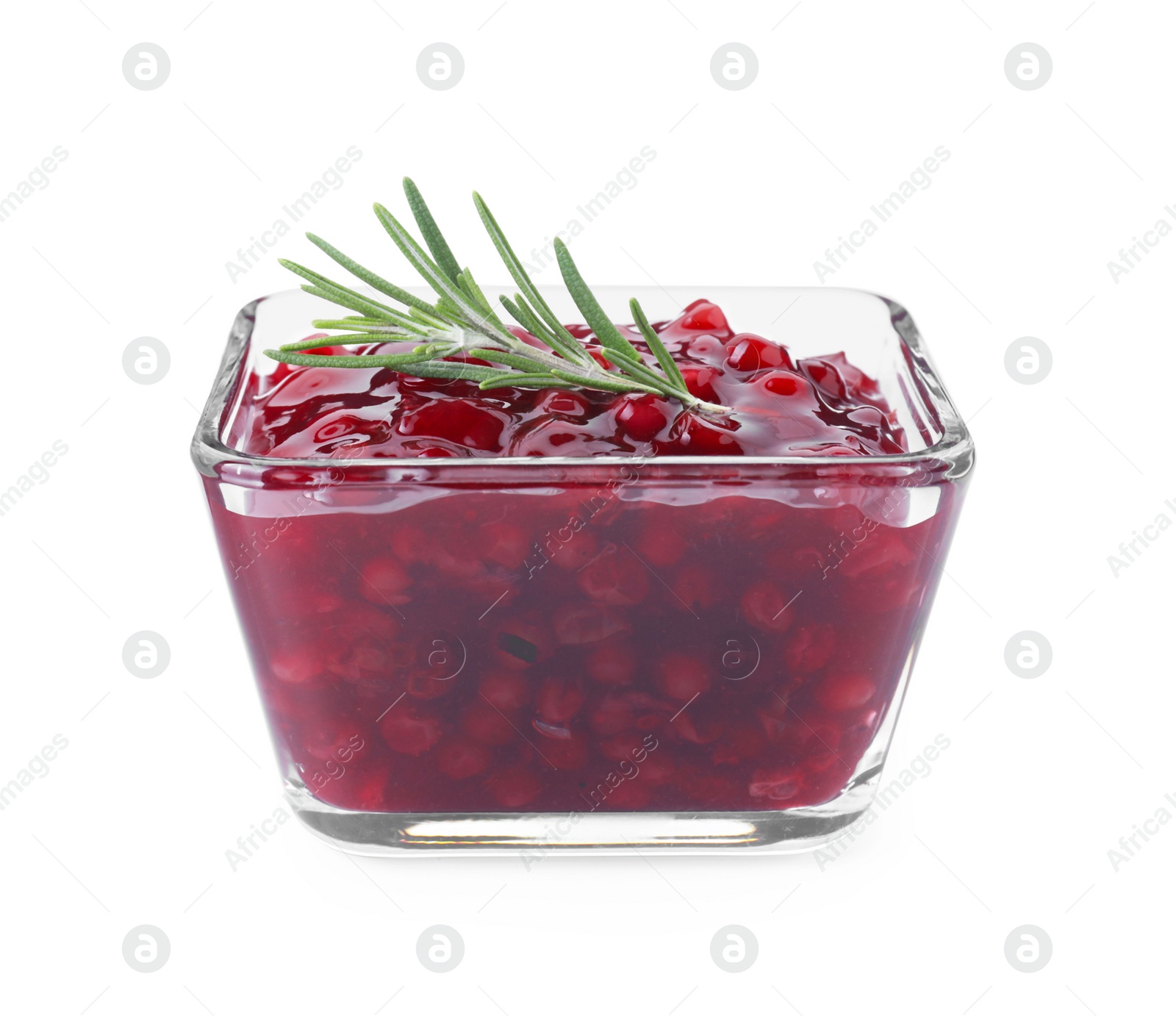 Photo of Fresh cranberry sauce and rosemary in glass bowl isolated on white