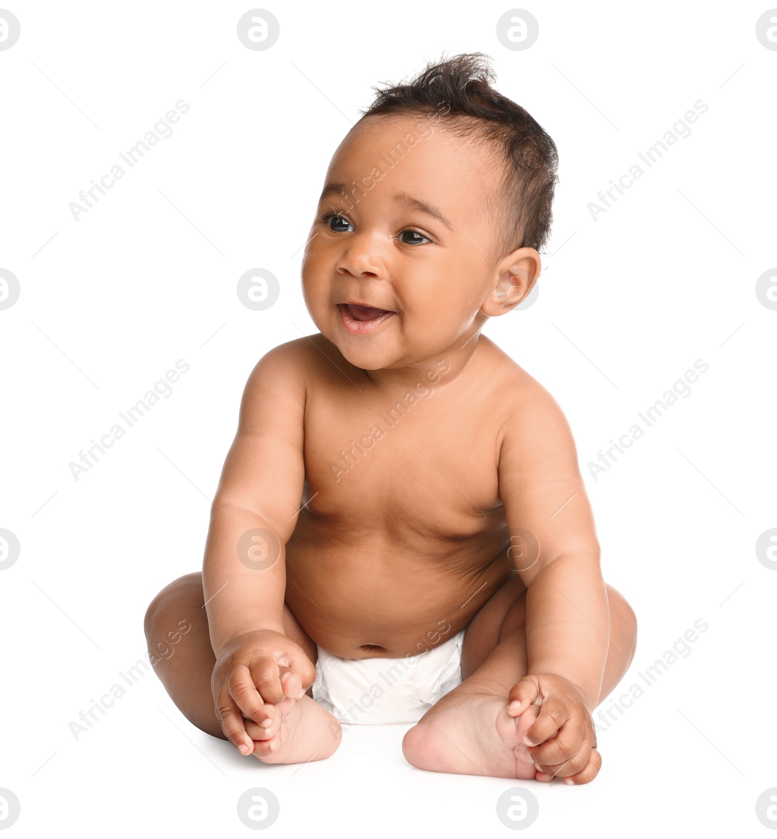 Photo of Adorable African-American baby in diaper on white background