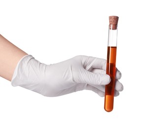 Photo of Scientist holding test tube with brown liquid on white background, closeup