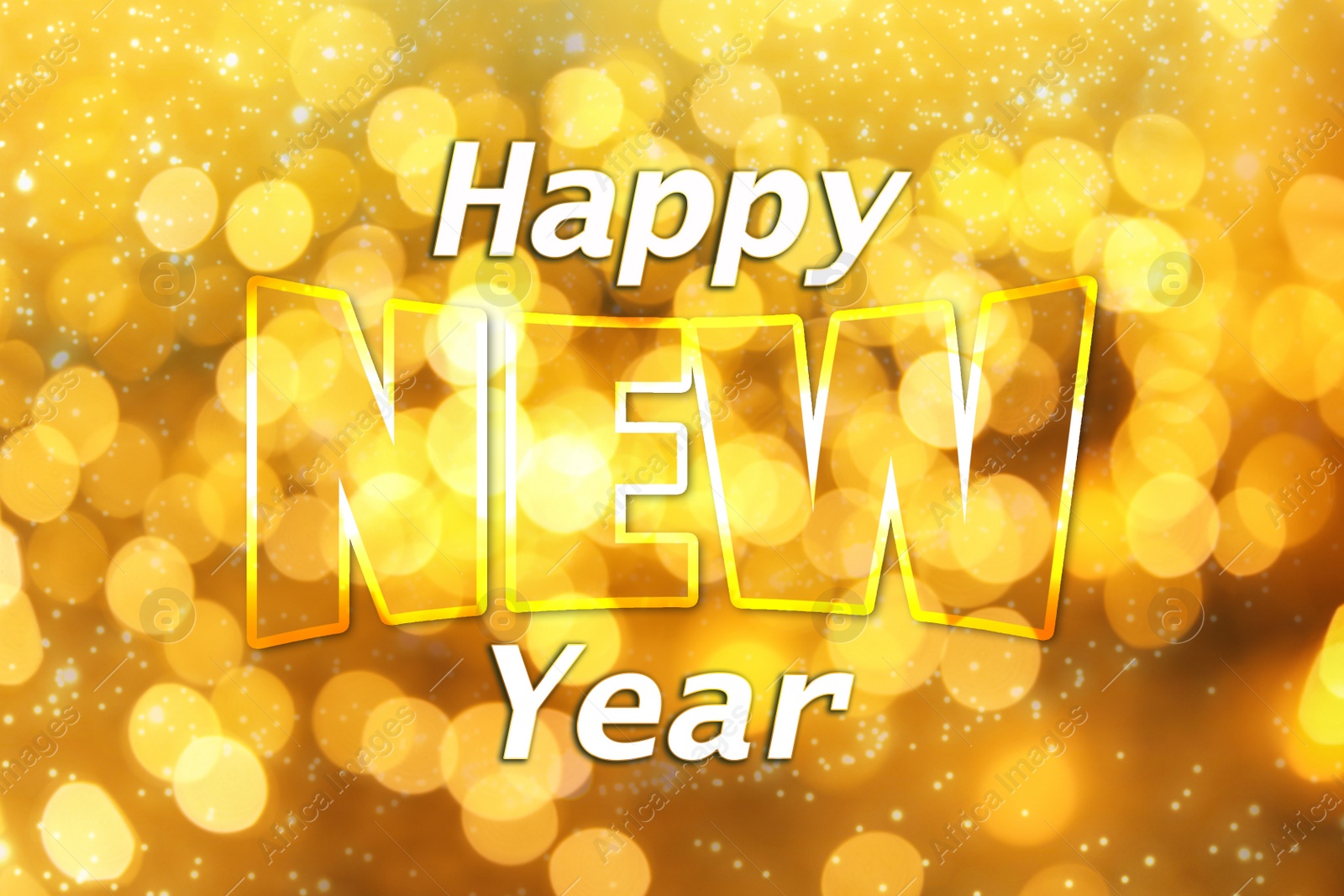 Illustration of Text Happy New Year on festive background with blurred lights, bokeh effect