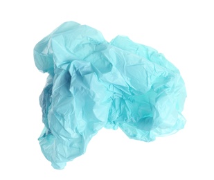 Photo of Crumpled plastic bag isolated on white, top view