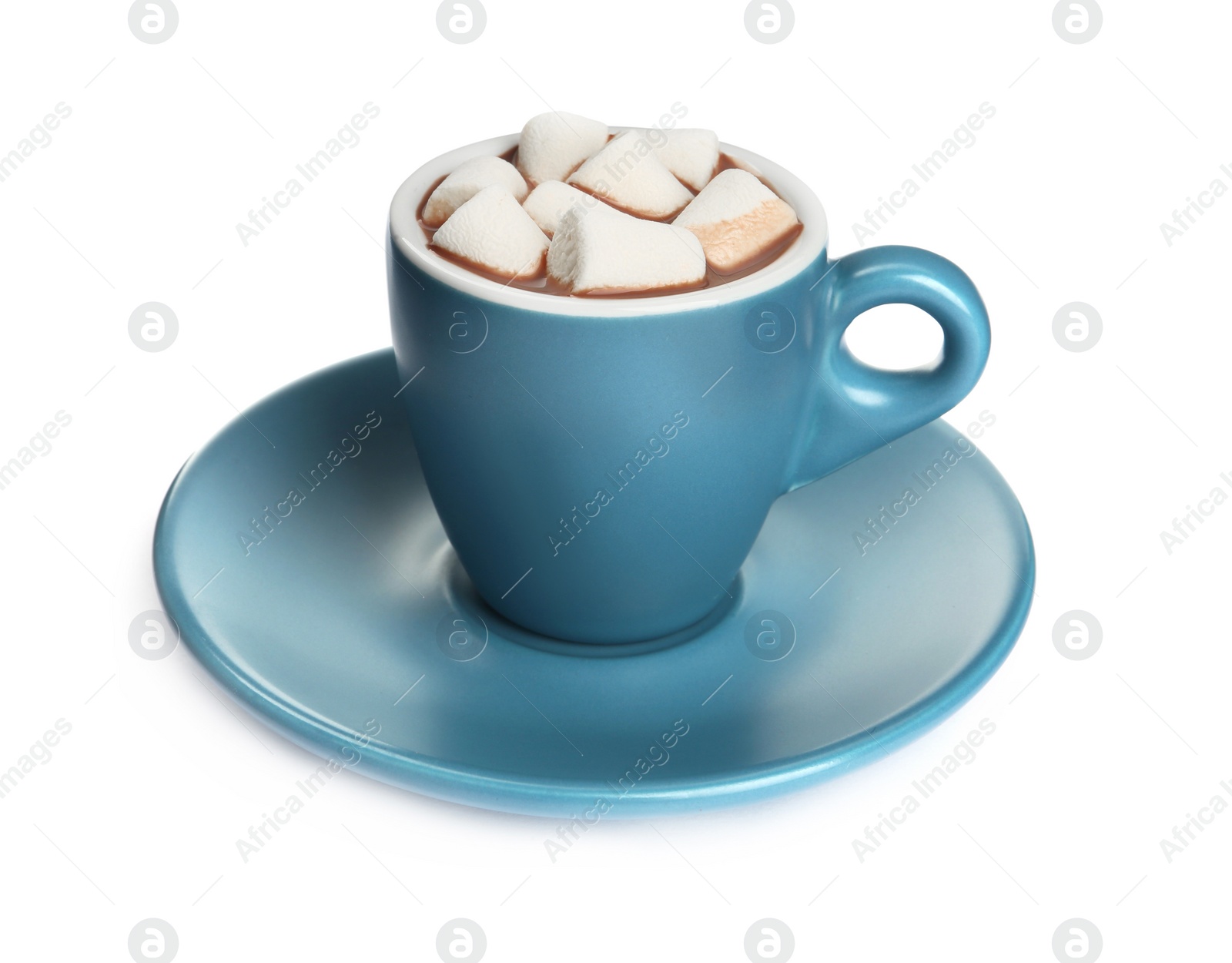 Photo of Cup of delicious hot chocolate with marshmallows isolated on white