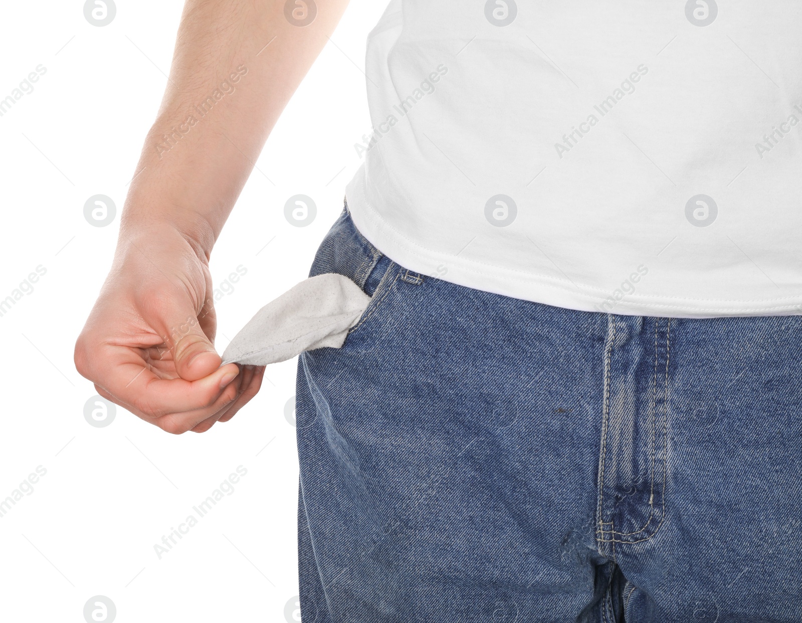 Photo of Poor man showing empty pocket on white background, closeup