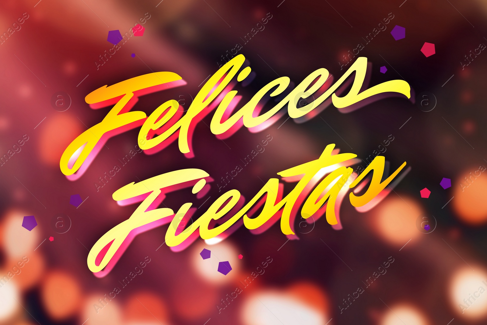 Image of Felices Fiestas. Festive greeting card with happy holiday's wishes in Spanish on bright background