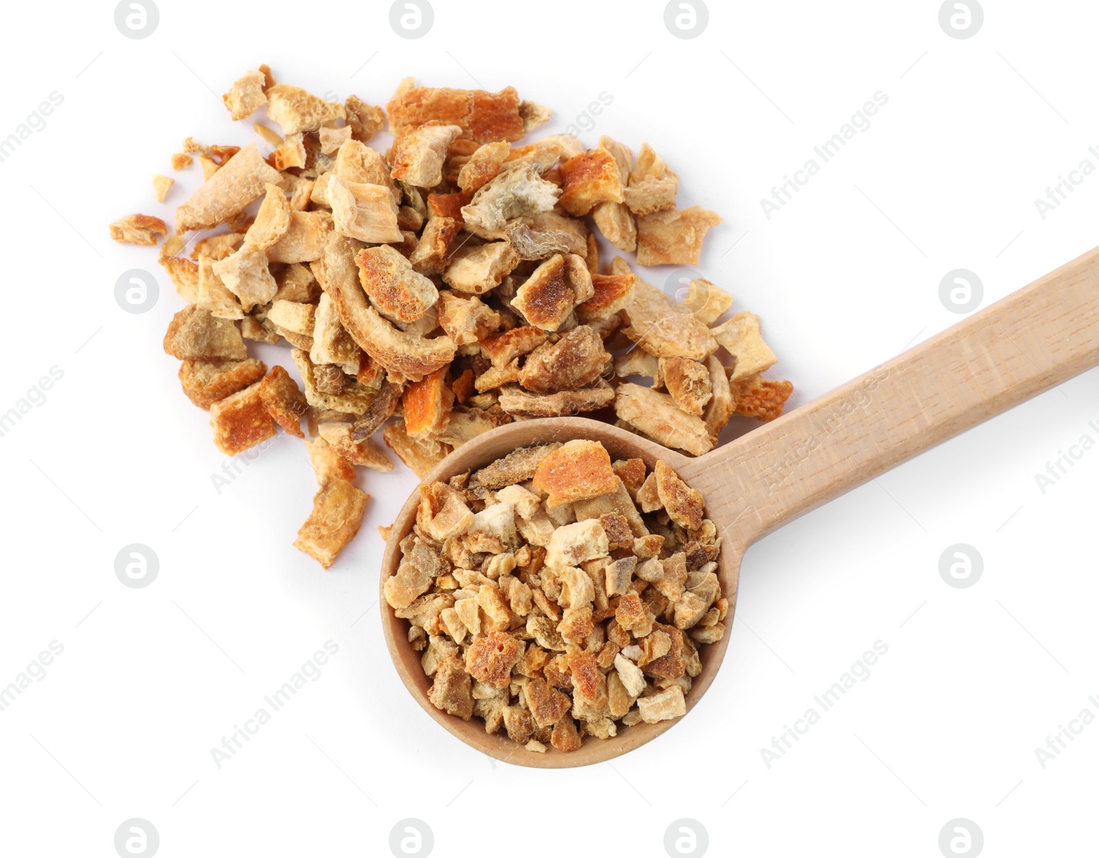 Photo of Spoon with dried orange zest seasoning isolated on white, top view