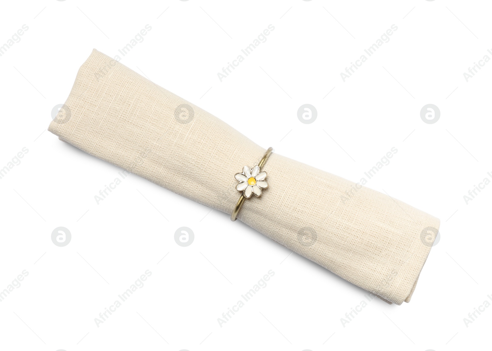 Photo of Beige fabric napkin with decorative ring for table setting on white background, top view