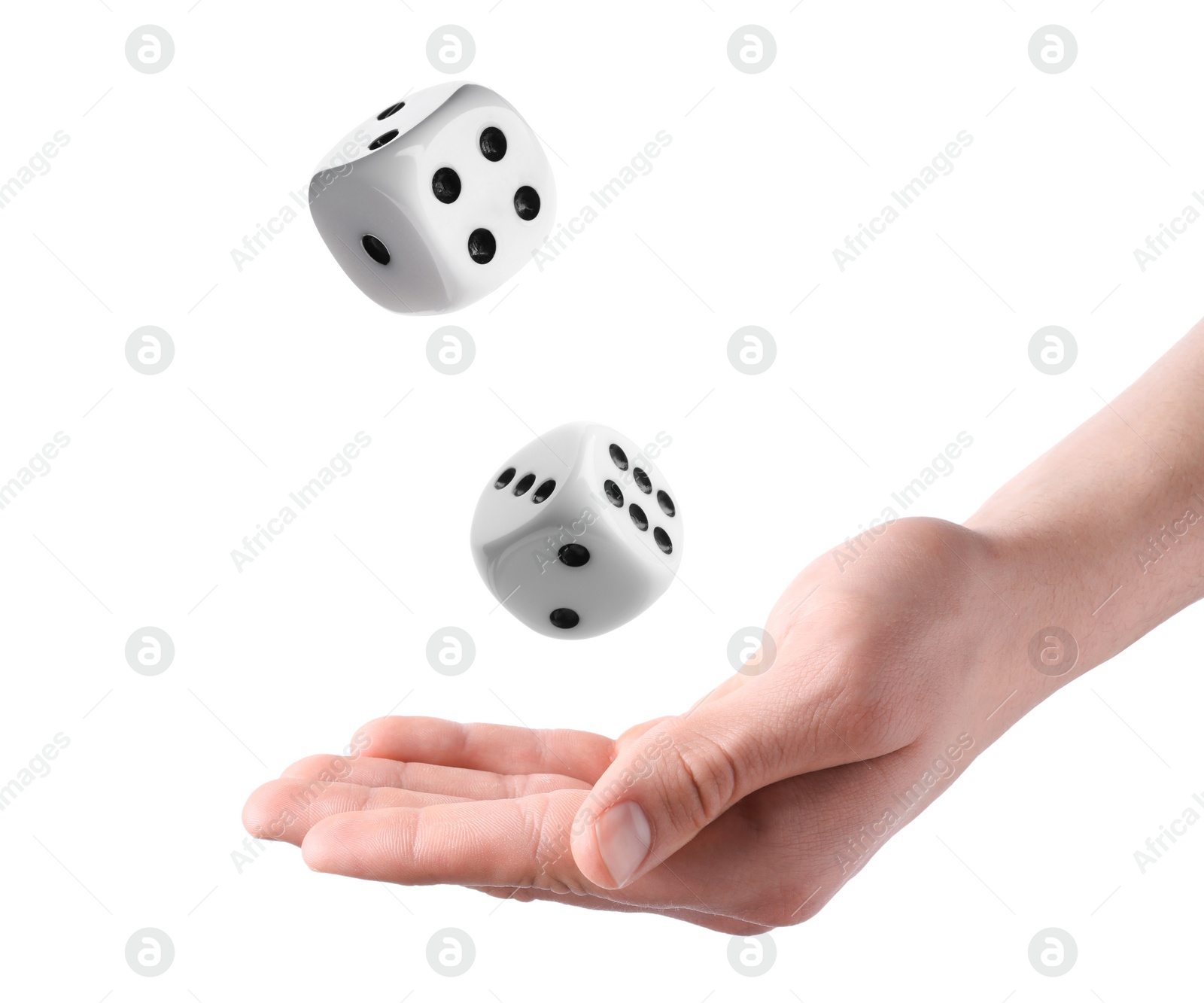 Image of Man throwing dice on white background, closeup