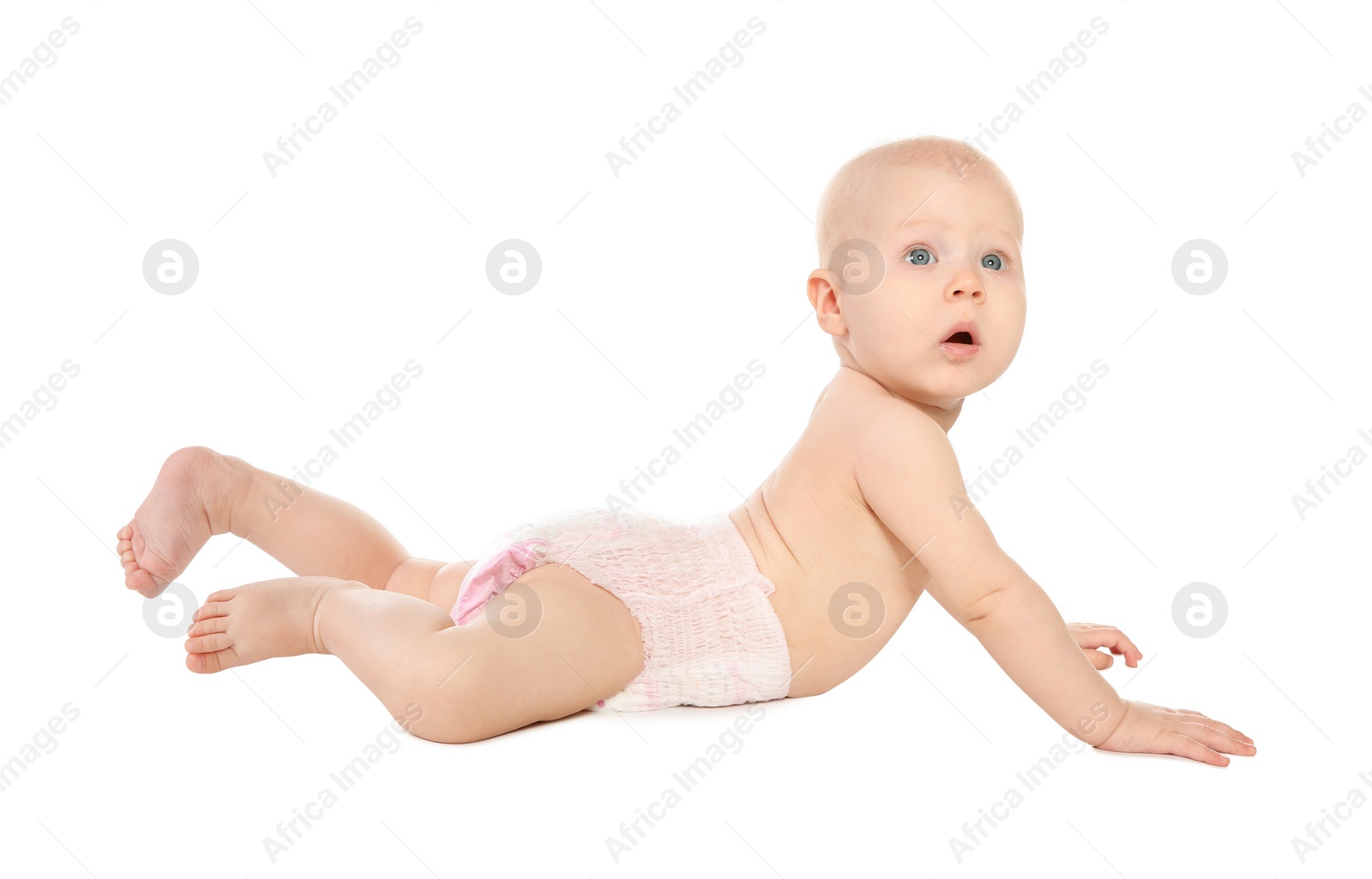 Photo of Cute little baby on white background. Tummy and crawling time