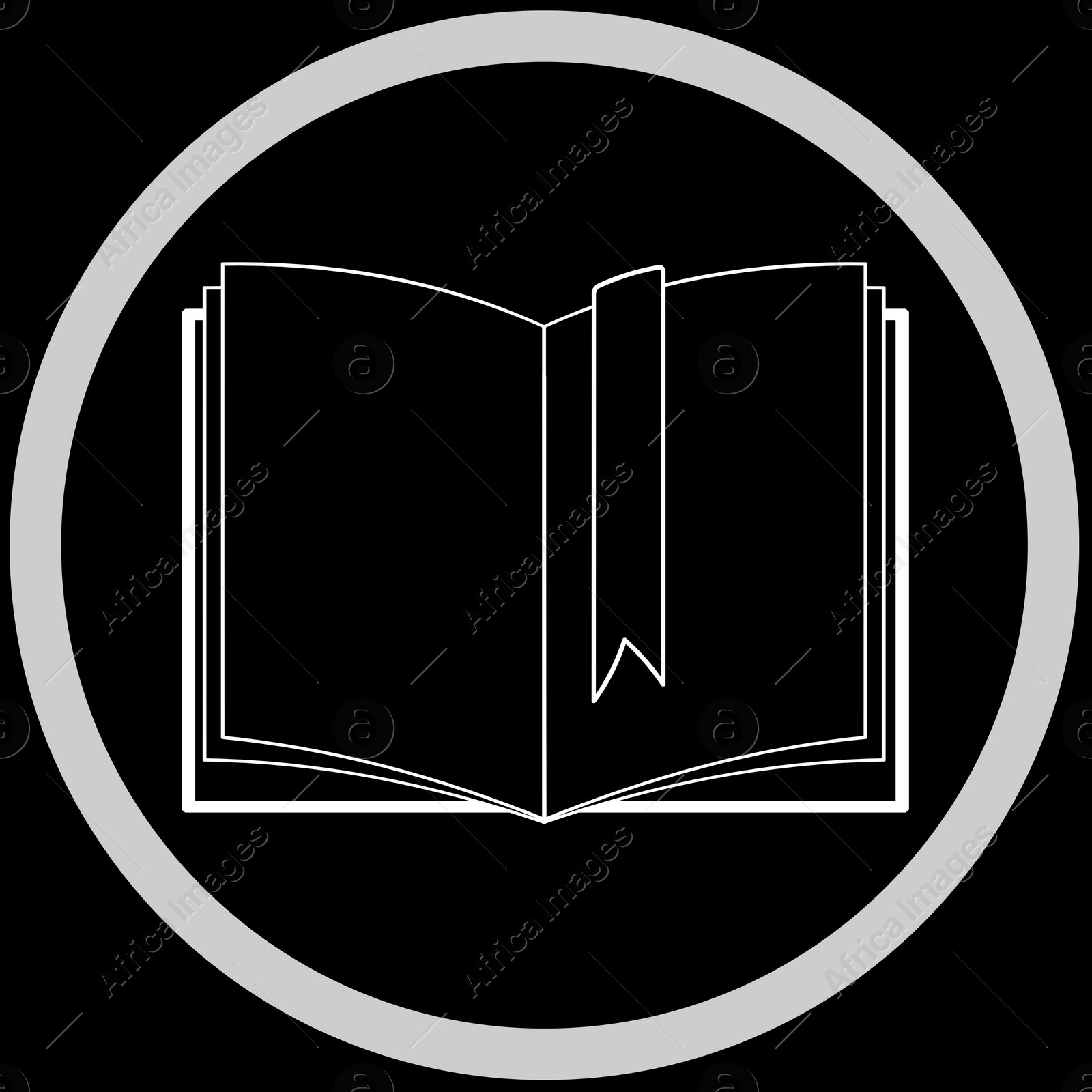 Image of Open book with bookmark in frame, illustration on black background