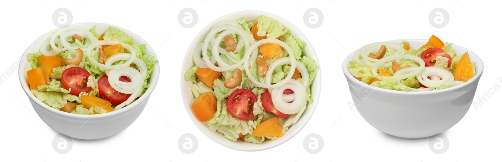 Image of Bowl of tasty salad with Chinese cabbage, tomatoes and onion on white background, different sides. Collage design