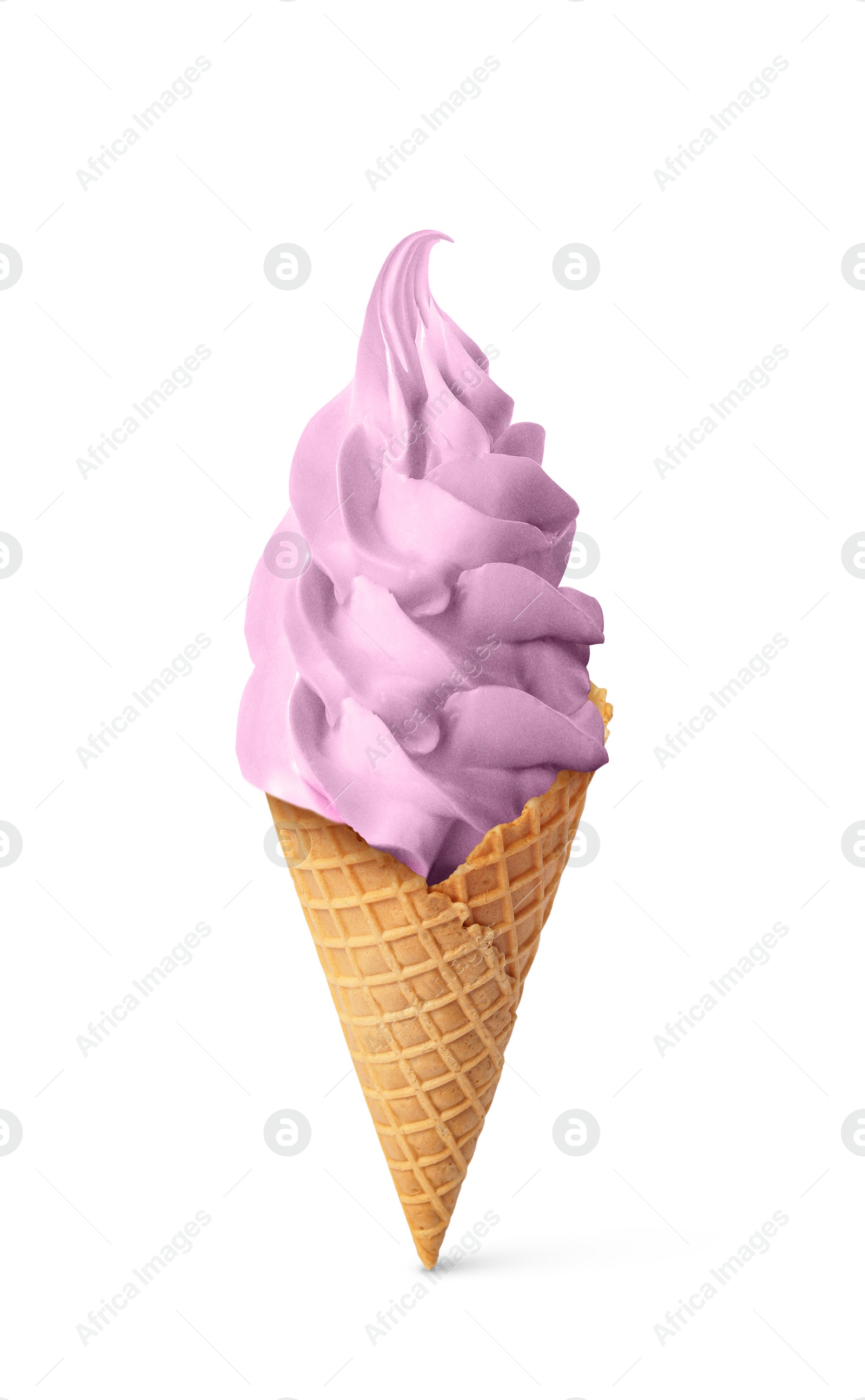 Image of Delicious soft serve berry ice cream in crispy cone isolated on white