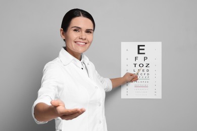 Ophthalmologist pointing at vision test chart on gray wall