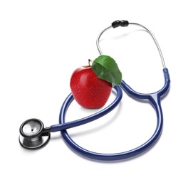 Image of Stethoscope and red apple on white background 