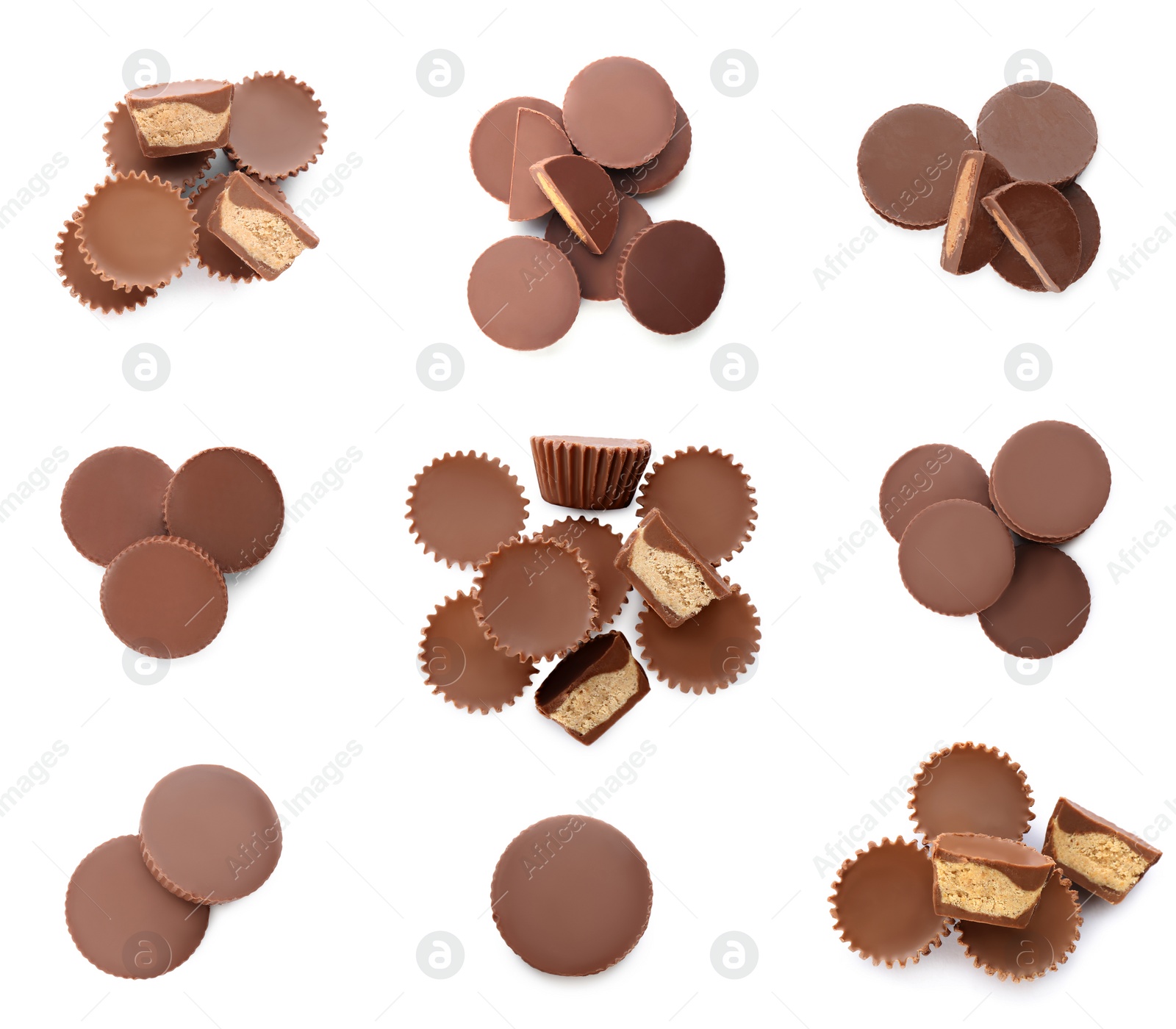 Image of Set with delicious peanut butter cups on white background, top view