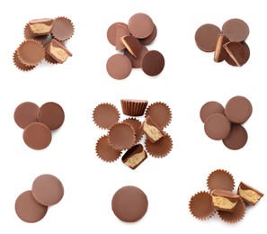 Set with delicious peanut butter cups on white background, top view