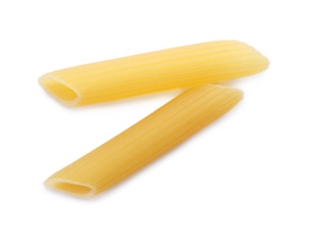 Photo of Uncooked penne pasta on white background, top view