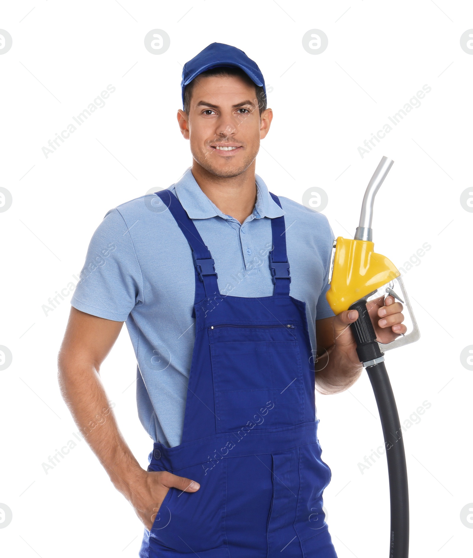 Photo of Gas station worker with fuel nozzle on white background