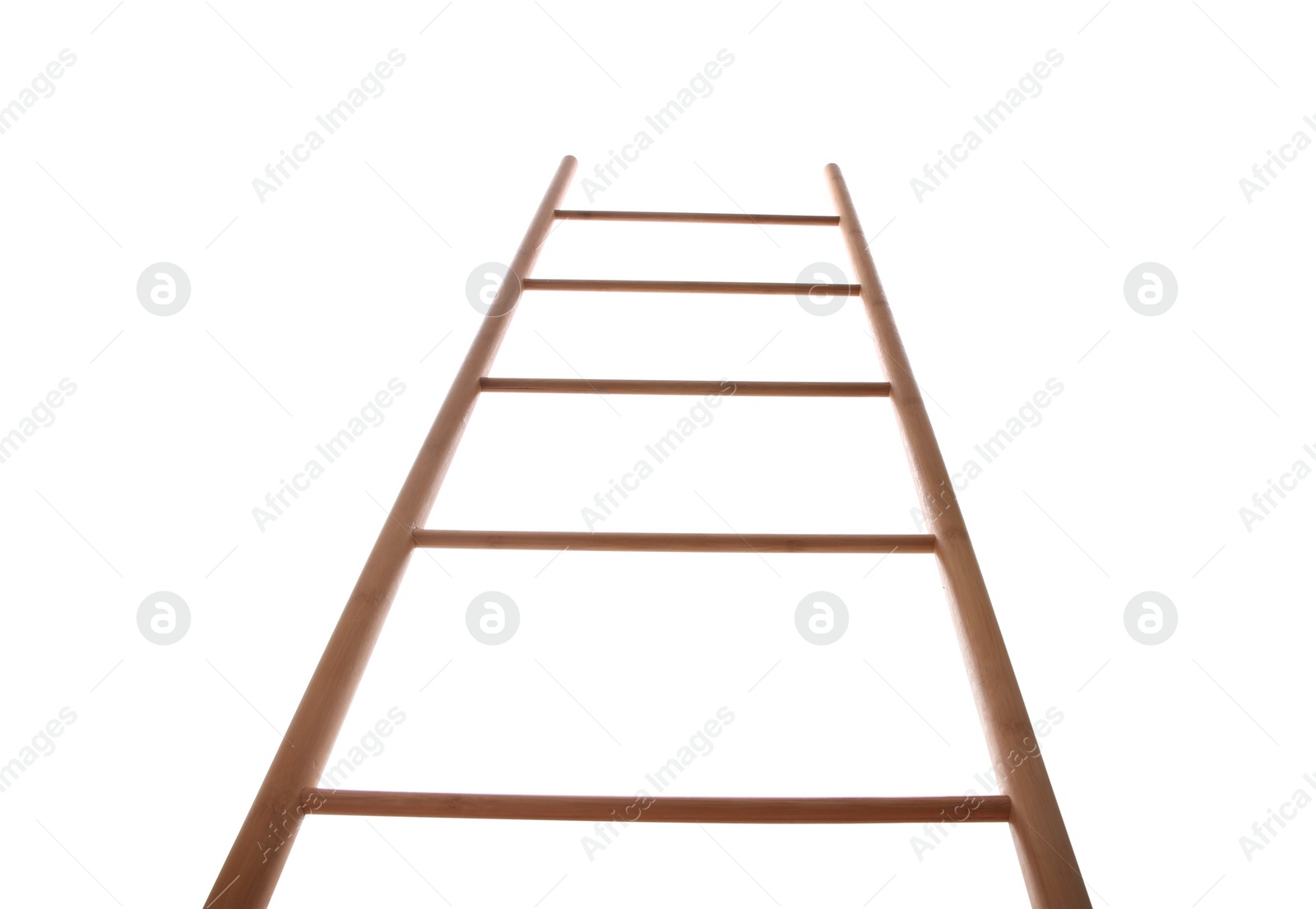 Photo of Modern wooden ladder isolated on white, low angle view