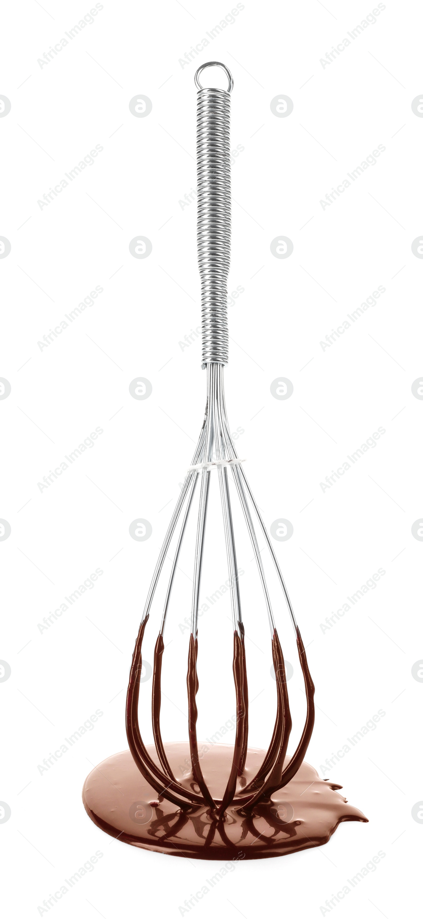 Photo of Whisk with chocolate cream on white background