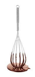 Whisk with chocolate cream on white background